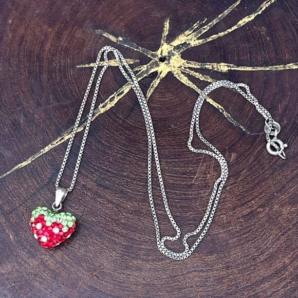 90s Sterling Silver Rhinestone Strawberry Necklace in Sterling Silver Fruit - Picture 3 of 10